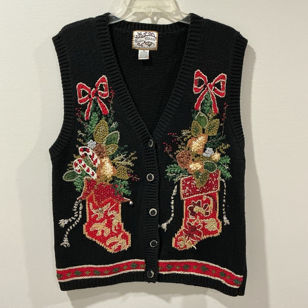 VTG Heirloom Collection Womens M Christmas Sweater Vest Hand Embroidered Holiday